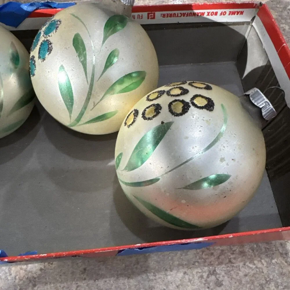 5 Vintage Christmas Ornaments Painted Floral Design Jumbo Balls West Germany